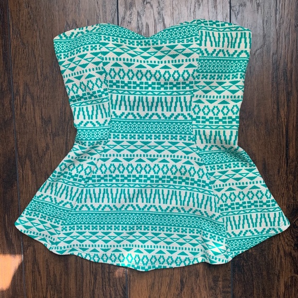 tripple latte Tops - Strapless, backless tube peplum top teal patterned